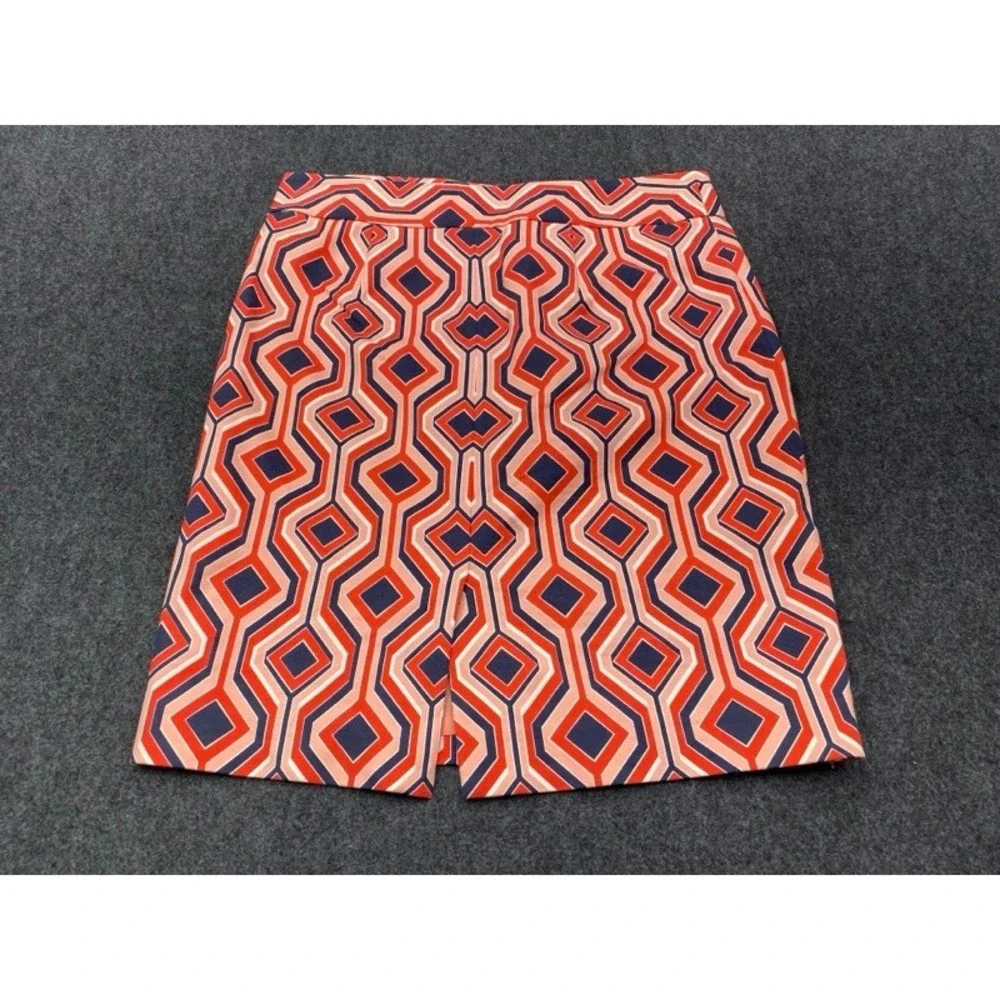 Michael Kors Pencil Skirt Womens 6 Orange Navy Geometric Diamond Belted 20in
